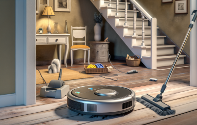 Robot aspirapolvere con base di ricarica in una casa moderna, con dettagli che richiamano monolocale, animali domestici e abitazione su due piani
