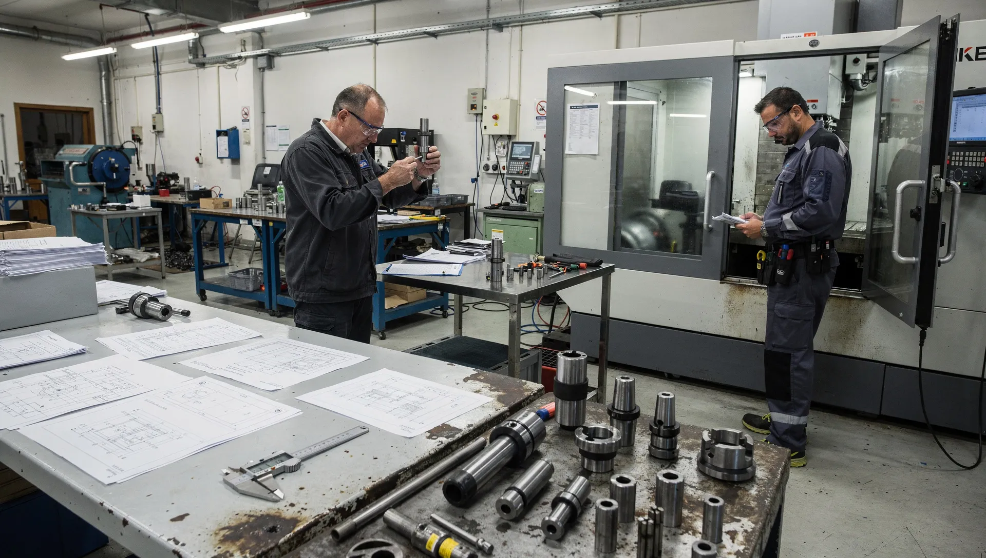 Tre postazioni in officina con ufficio acquisti, controllo qualità e manutenzione che valutano un utensile speciale vicino a una macchina CNC